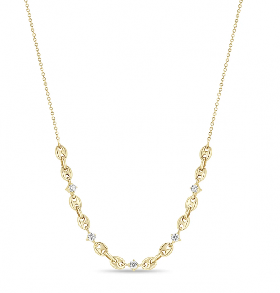 14K 5 Diamonds Set Between Puffed Mariner Chain Links On A Cable Chain Necklace BY Zoe Chicco